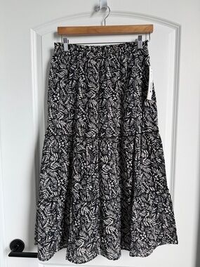 Aqua Black and White Floral Tiered Maxi Skirt